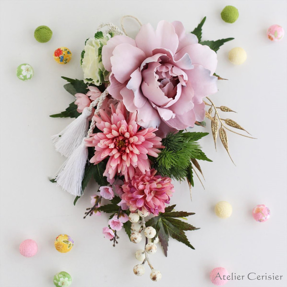 ・お正月飾り しめ縄 2WAY スワッグ＜ピオニー ピンク＞ アートフラワー しめ縄飾り 4枚目の画像