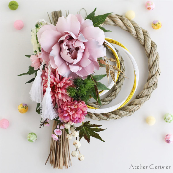 ・お正月飾り しめ縄 2WAY スワッグ＜ピオニー ピンク＞ アートフラワー しめ縄飾り 2枚目の画像