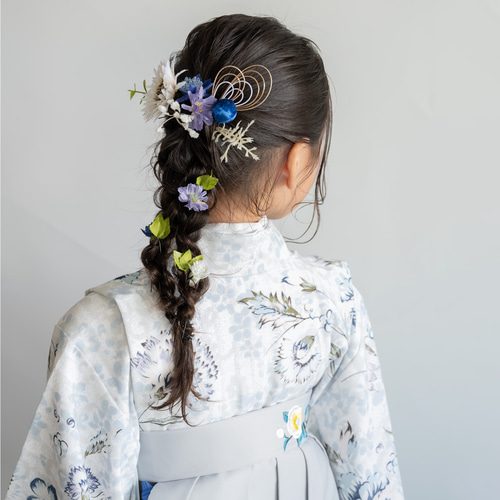 小学校卒業式袴髪飾り白/グレー/ブルーH】水引きゴールド/編み下ろし