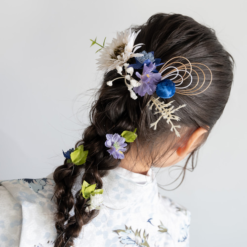 小学生　袴　髪飾り付 小学校卒業式袴髪飾り白/グレー/ブルーH】水引きゴールド/編み下ろし