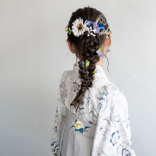 小学校卒業式袴髪飾り白/グレー/ブルーH】水引きゴールド/編み下ろし