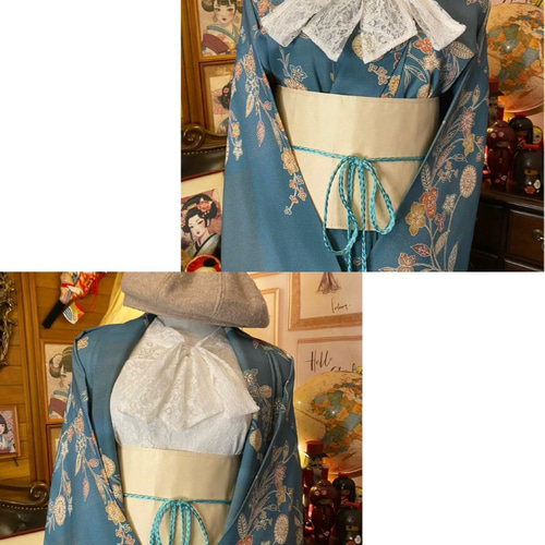 着物 2way ガウン 羽織り ドレス ワンピース 和洋折衷リメイク 帯  