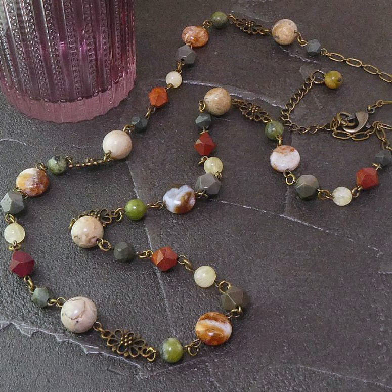 天然石ネックレス「錦秋のネックレス」　秋色　天然石　アフリカンオパール　ブランデーオパール　ロングネックレス　一点もの