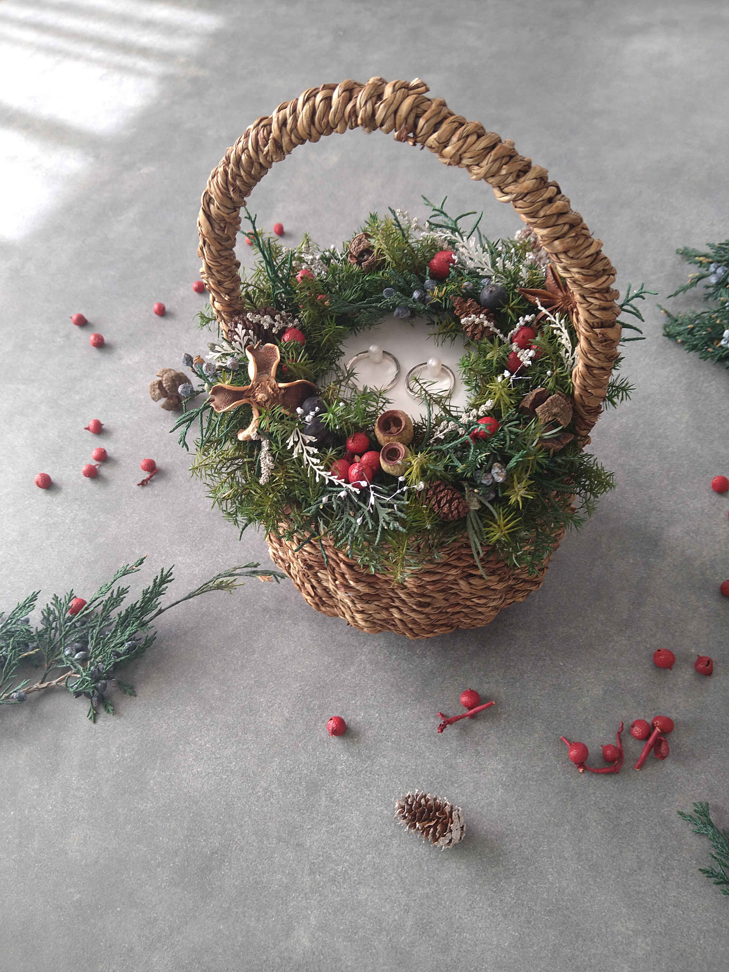 リングピロー　結婚式／リングボーイ／リングガール／リース／冬／クリスマス／カゴ