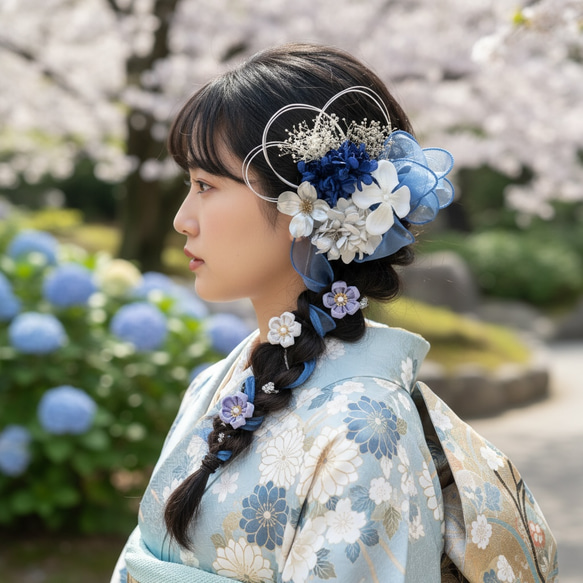 A427 つまみ細工 髪飾り 青 卒業式 袴 結婚式 ドライフラワー 成人式