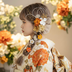 A429 つまみ細工 髪飾り オレンジ 卒業式 袴 結婚式 ドライフラワー