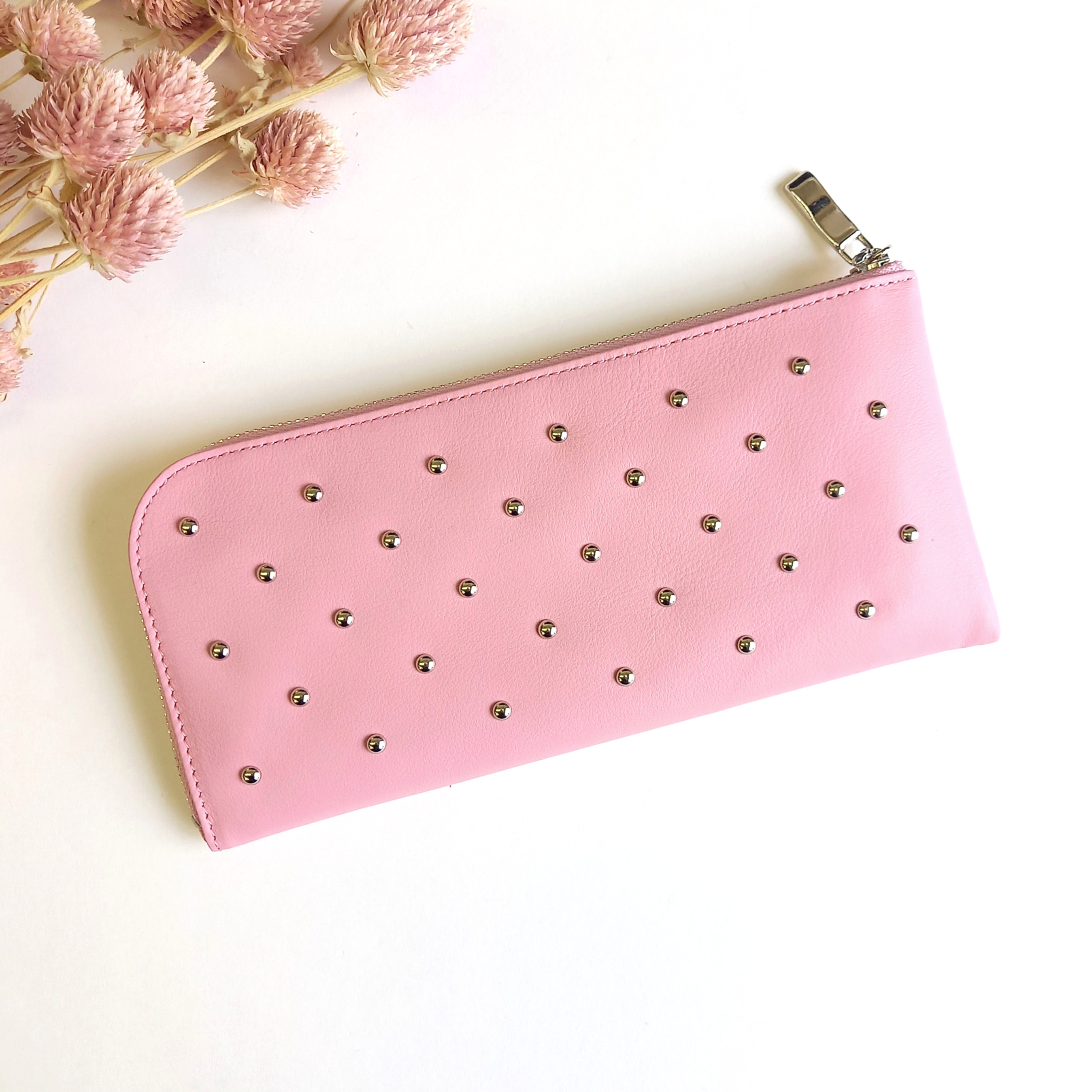 高級革ドットスタッズ長財布（パウダーピンク）軽くて薄いのに大容量！14枚カードタイプ◇送料無料◇レザー 皮 レディース
