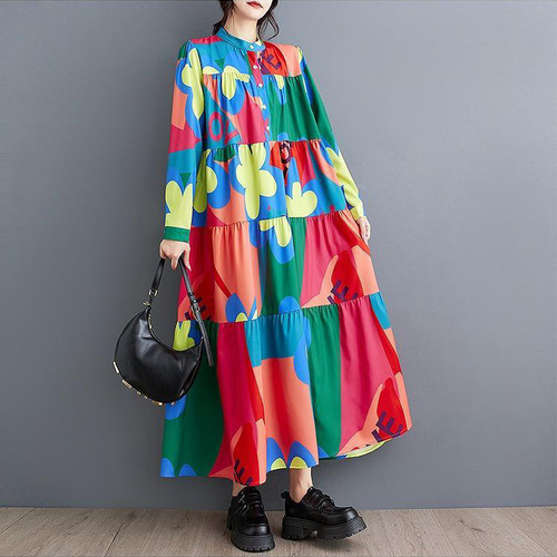 古着　ヴィンテージ　Tシャツ　ビックサイズ　ワンピース　花柄　個性派 USA製 〜80年代 80s 花柄 総柄 ボタニカル レース襟 長袖