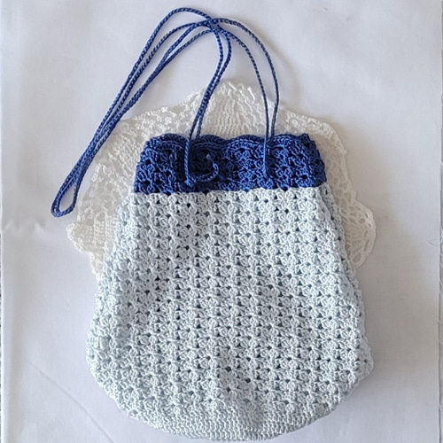 ふんわり丸巾着バッグ　優しい刺繍生地　レース切り替え レース柄編み丸底巾着バッグ♪ 巾着バッグ るなたん♪ようたん