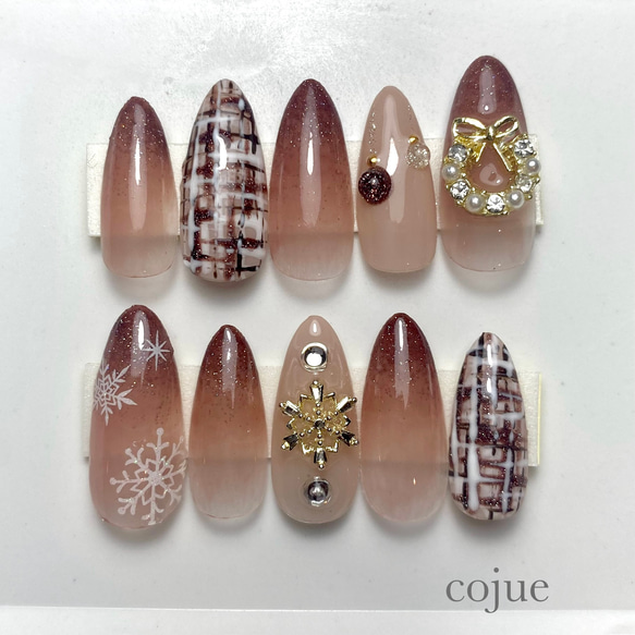クリスマスネイル ツイード 結晶 リース 結婚式 成人式 イベントネイル