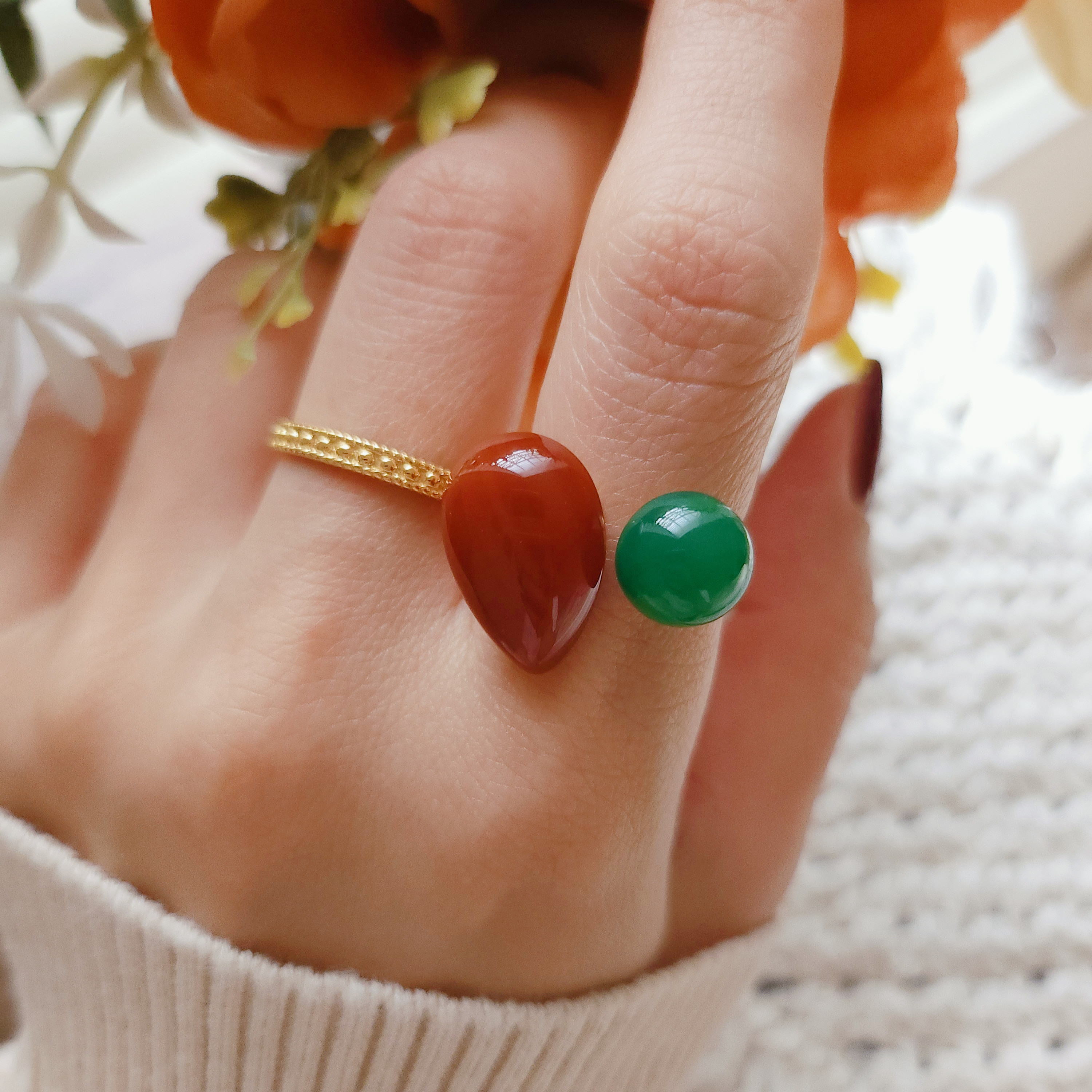 選べる！サイズ、色　グリーンオニキス８㎜、レットアゲート18×13フォークリング　H-259