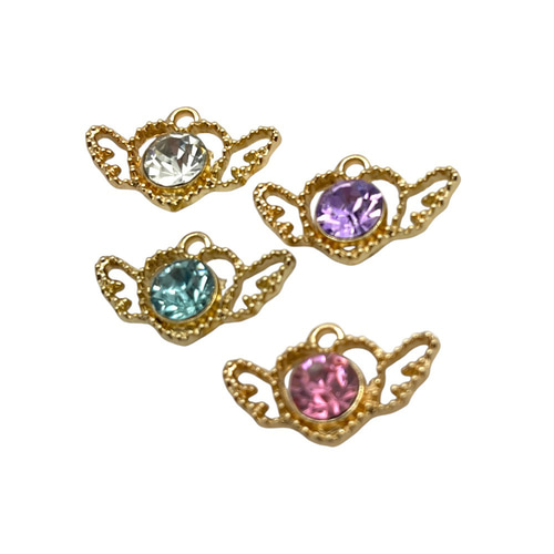 チャーム ハート 羽 キラキラ ストーン 同色4個 銅 ゴールド