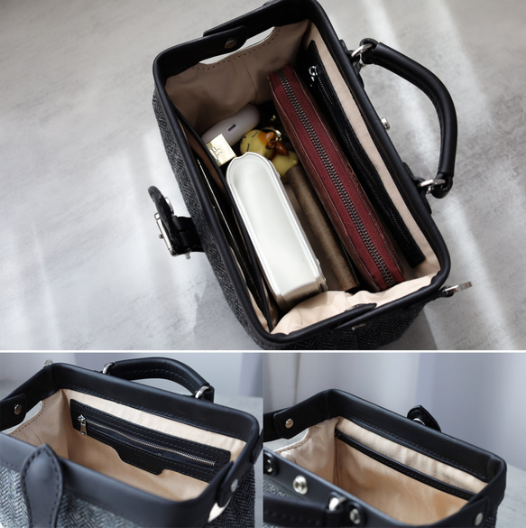 「ウール×革の組み合わせ」大人気！横型がま口バッグ 手作りのレザーショルダーバッグレディース 16枚目の画像