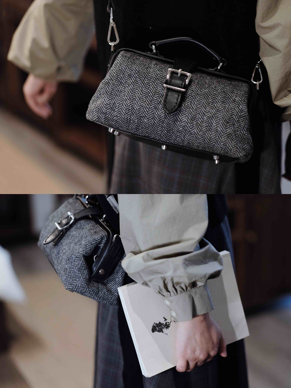 「ウール×革の組み合わせ」大人気！横型がま口バッグ 手作りのレザーショルダーバッグレディース 9枚目の画像