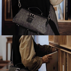 「ウール×革の組み合わせ」大人気！横型がま口バッグ 手作りのレザーショルダーバッグレディース 18枚目の画像