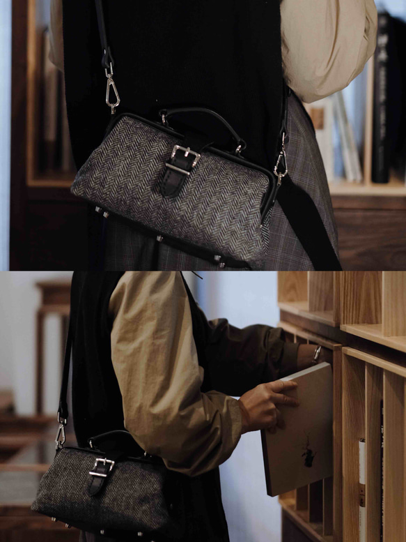 「ウール×革の組み合わせ」大人気！横型がま口バッグ 手作りのレザーショルダーバッグレディース 18枚目の画像