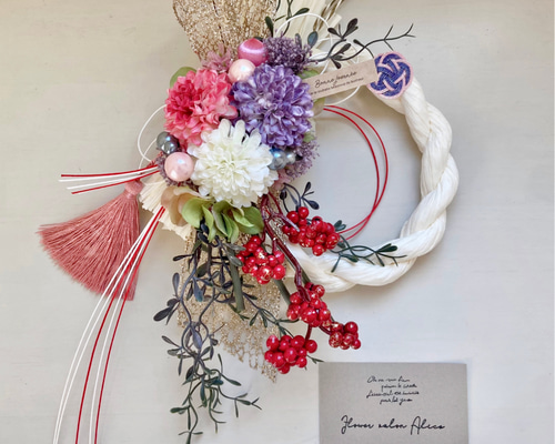 しめ縄飾り　お正月飾り　造花フラワーリース　玄関　注連縄　✴︎特大クリームダリア✴︎ f0a0934f62c51d8629729e465e58b3