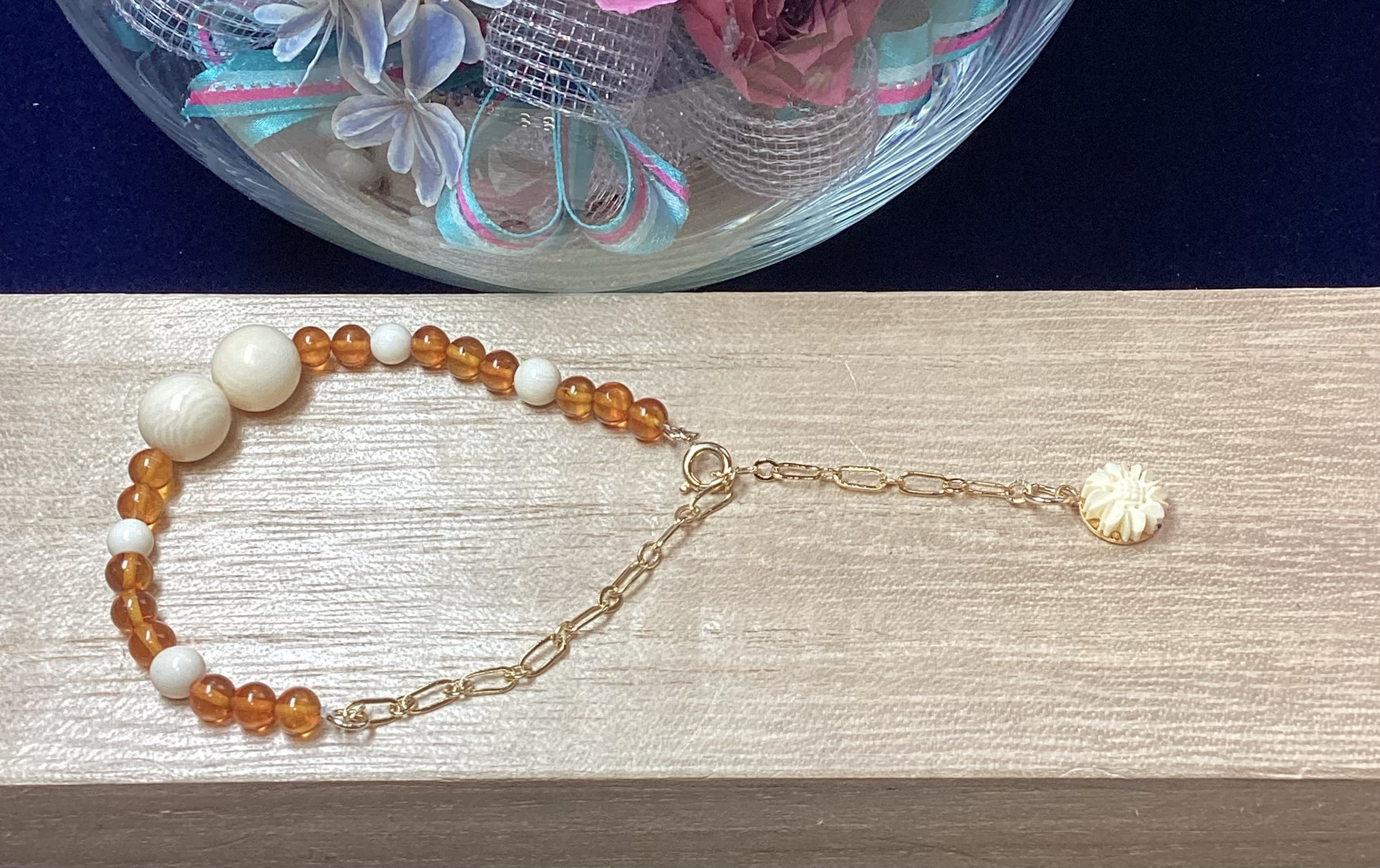 ☆本象牙丸玉＆琥珀ブレスレット　※A-40
