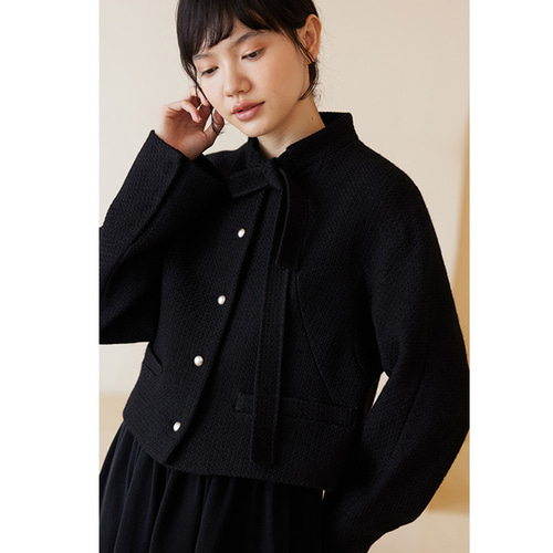 襟にリボン付きショートジャケット 通勤okショートジャケット ブラック