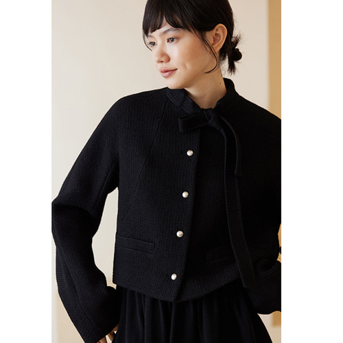 ★TRALALAリボン付きボタン ブラックジャケット★150-160 襟にリボン付きショートジャケット 通勤okショートジャケット ブラック
