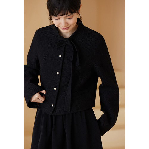 襟にリボン付きショートジャケット 通勤okショートジャケット ブラック