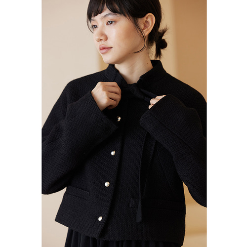 襟にリボン付きショートジャケット 通勤okショートジャケット ブラック