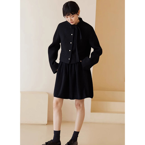 襟にリボン付きショートジャケット 通勤okショートジャケット ブラック