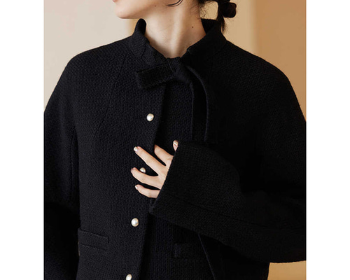 襟にリボン付きショートジャケット 通勤okショートジャケット ブラック