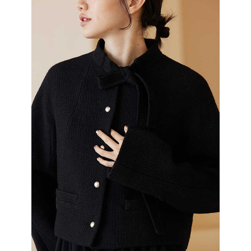 襟にリボン付きショートジャケット 通勤okショートジャケット ブラック