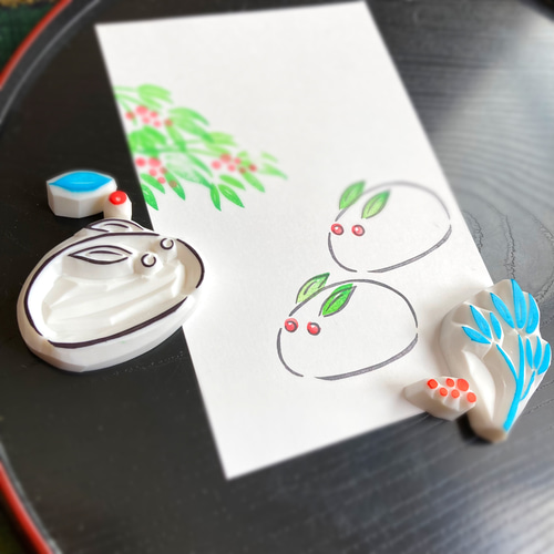 可愛い雪うさぎと南天のはんこセット(12・1月冬の消しゴムはんこ