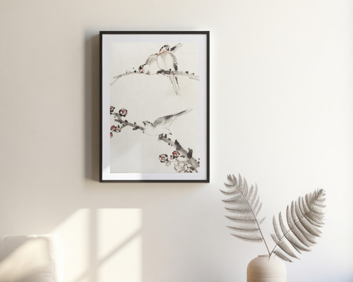 梅の花鳥図日本画アートポスター☆冬お正月和柄癒し和室☆ハガキ