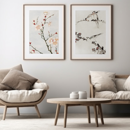 梅の花鳥図日本画アートポスター☆冬お正月和柄癒し和室☆ハガキ