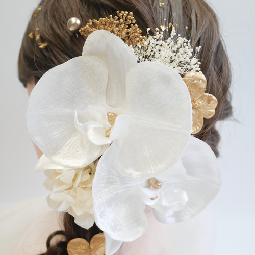 A284 白ゴールド 胡蝶蘭 ドライフラワー 髪飾り 成人式 卒業式 振袖
