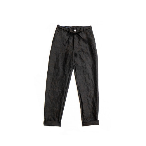 黒、ロウエッジ、イタリア製デッドストック薄地リネン、ストレート  