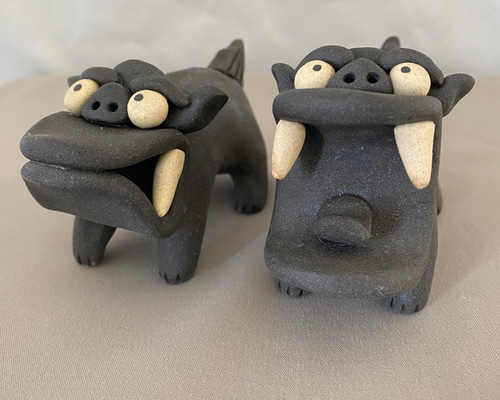 大丈夫シーサー(小・黒)NO.8 縁起物 置物 手作り 陶器小さい シーサー