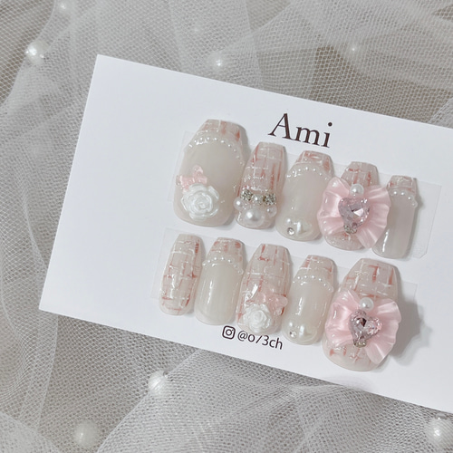 ネイルチップ＊ツイード 薔薇 ローズ ちゅるんリボン ピンクホワイト  