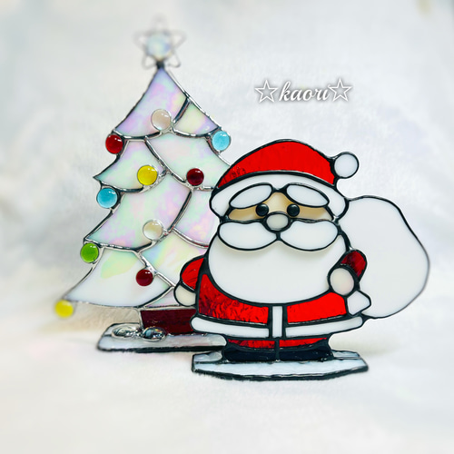 ステンドグラス 【ホワイトクリスマスツリー スタンドタイプ