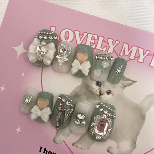 design198】推しカラー リボン ネイルチップ ネイルチップ（つけ爪  