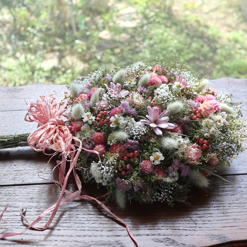 35cm)千日紅とピンクペッパーベリーのお花畑スワッグ/ブーケ/リース  