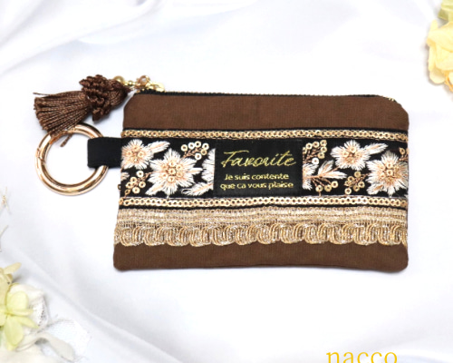 インド／刺繍リボン】＊フラットポーチ＊ カラビナ付き