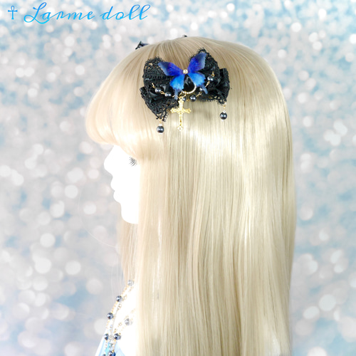 受注生産】《☥》ロリィタリボンヘアクリップ ガラス製パールビーズ  