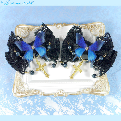 受注生産】《☥》ロリィタリボンヘアクリップ ガラス製パールビーズ  