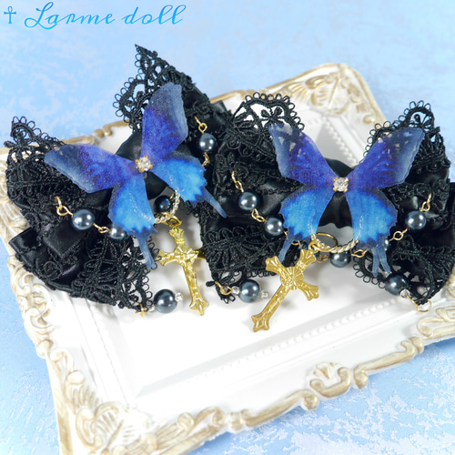 ☥》ロリィタリボンヘアクリップ ガラスタイプ(黒)【デザインカスタム  