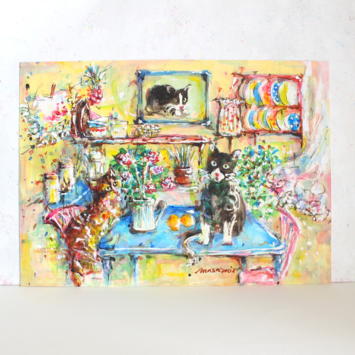 猫とキッチン」水彩画 原画 絵画 maisondemasami-r送料無料 通販