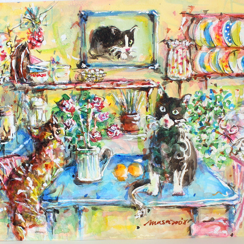 「猫とキッチン」水彩画 原画 猫とキッチン」水彩画 原画 絵画 maisondemasami-r送料無料 通販