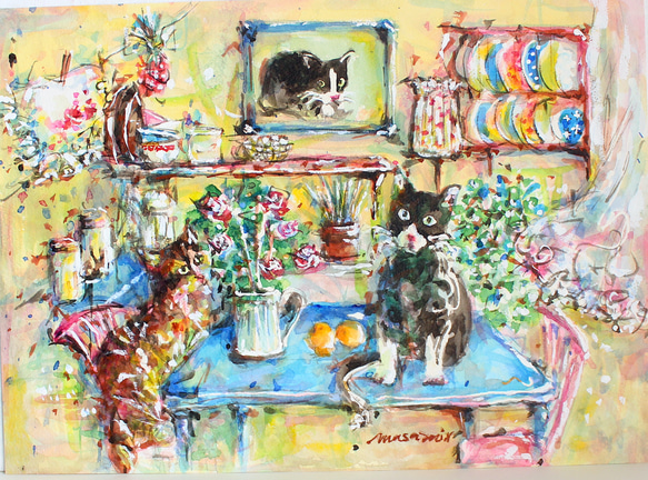 「猫とキッチン」水彩画 原画 猫とキッチン」水彩画 原画