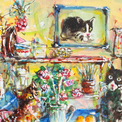 「猫とキッチン」水彩画 原画 猫とキッチン」水彩画 原画 絵画 maisondemasami-r送料無料 通販