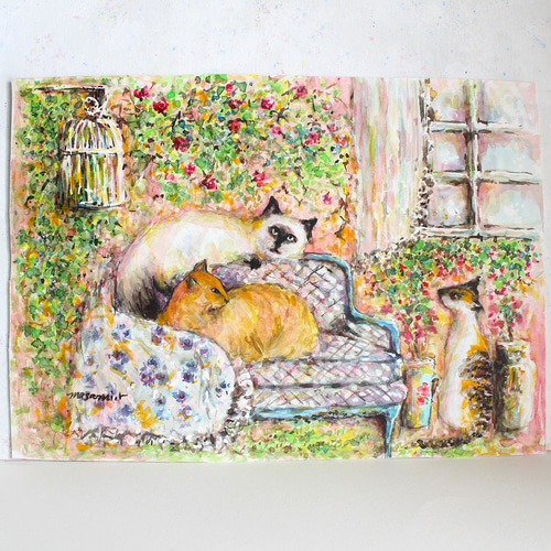 猫とガーデン」水彩画 原画