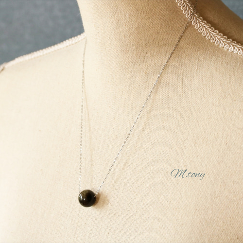 18K金メッキ黒曜石のネックレスです-昨年購入しました 黒曜石 まんまる一粒 古代を親しむ天然ガラス プラチナカラー 大粒