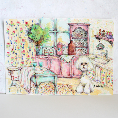 「プードルホワイトとキッチン フレンチカントリー」水彩画 原画B5相当 プードルホワイトとキッチン フレンチカントリー」水彩画 原画B5相当